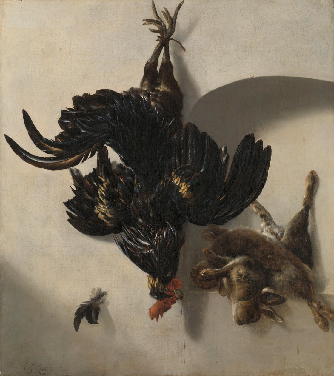Martwa natura z czarnym kogutem i dwoma królikami autorstwa Cornelis Lelienbergh