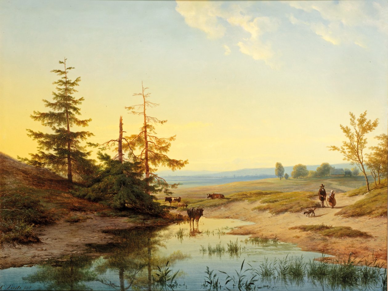 Wrzosowisko z figurami i bydłem nad stawem autorstwa Cornelis Lieste