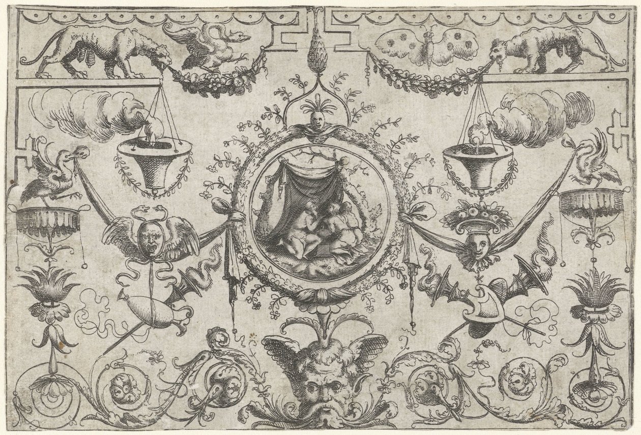 Ornament z trzema postaciami klęczącymi pod płótnem autorstwa Cornelis Massijs (attributed to)