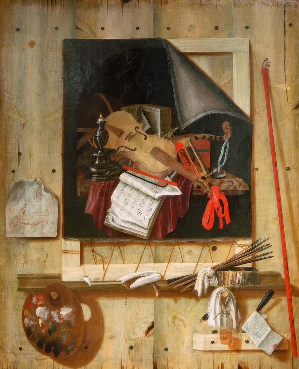 Trompel’Oeil ze ścianą studyjną i martwą naturą vanitas autorstwa Cornelis Norbertus Gysbrechts