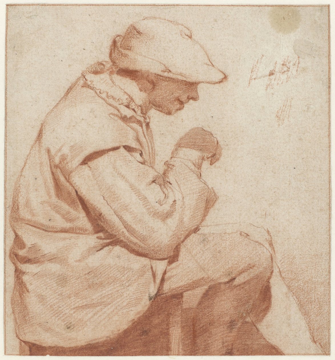 Siedzący mężczyzna w miękkiej czapce, z profilu w prawo, z uniesioną prawą ręką autorstwa Cornelis Pietersz. Bega (attributed to)