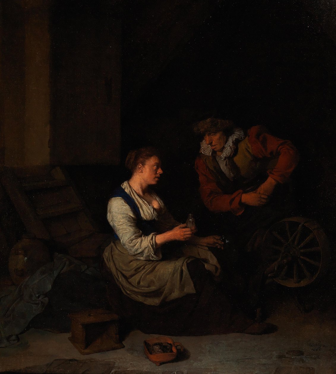Kawaler i kobieta przy kołowrotku, 1662. autorstwa Cornelis Pietersz. Bega