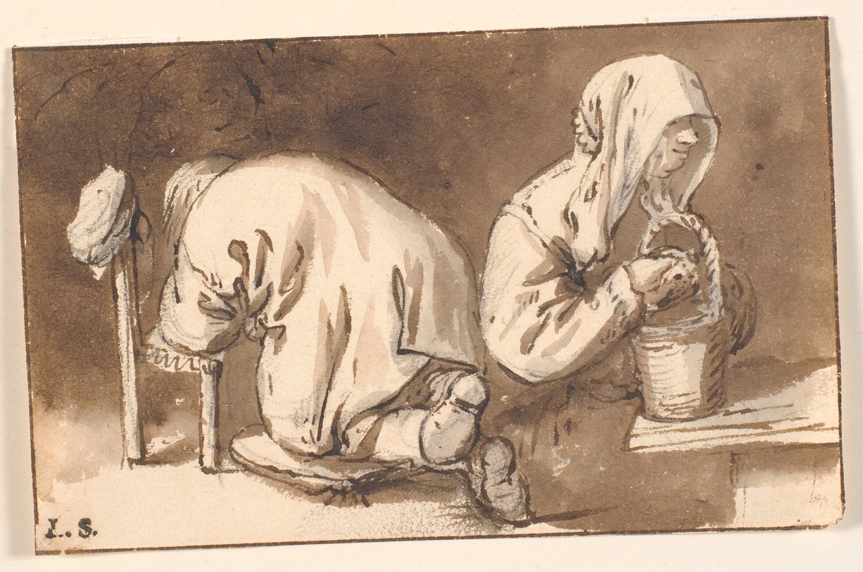 Klęczący mężczyzna i kobieta z koszem autorstwa Cornelis Pietersz Bega