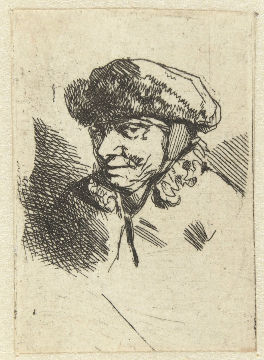 Stara kobieta w futrzanym kapeluszu autorstwa Cornelis Pietersz. Bega