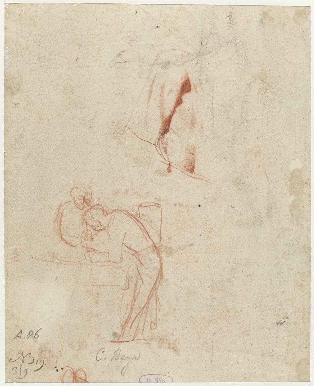 Szkic dwóch stojących postaci i studium draperii autorstwa Cornelis Pietersz. Bega