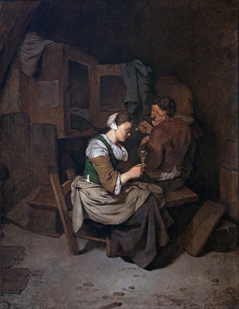 Kobieta z kieliszkiem do wina i dwóch chłopów autorstwa Cornelis Pietersz Bega
