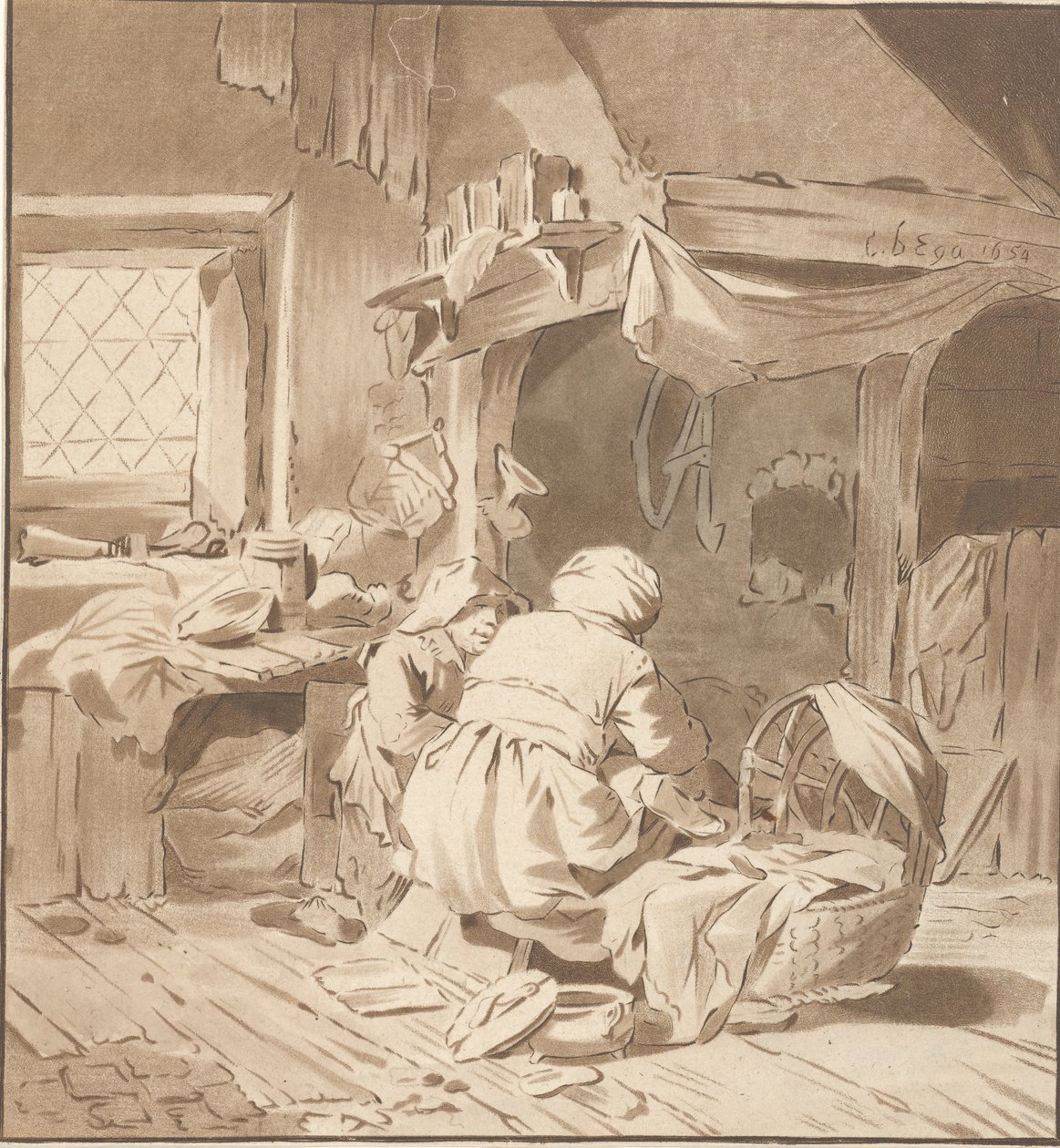Wnętrze wiejskiego domu z dwiema kobietami autorstwa Cornelis Ploos van Amstel (signed by artist)
