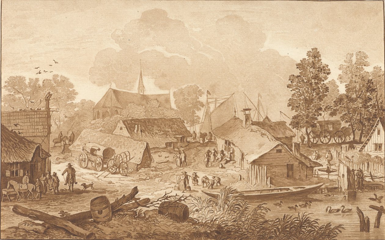 Widok na wieś ze stawem autorstwa Cornelis Ploos van Amstel (signed by artist)