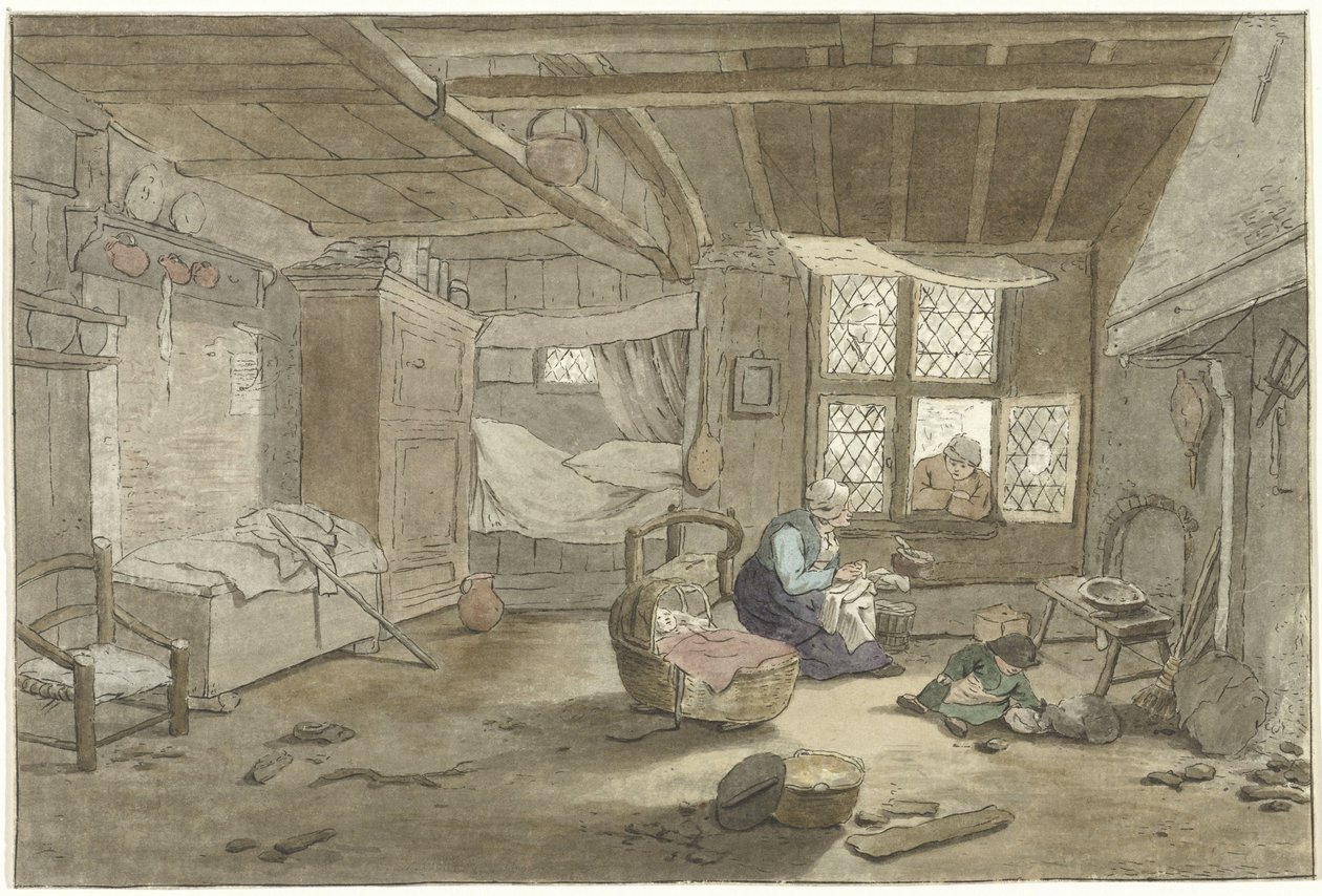 Wnętrze z kobietą w łóżeczku autorstwa Cornelis Ploos van Amstel (signed by artist)