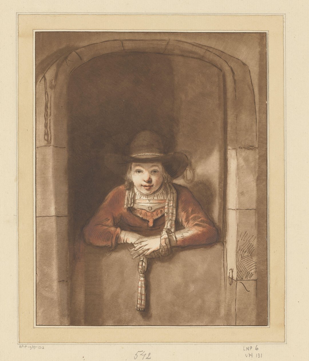 Chłopiec pochylający się nad dolnymi drzwiami autorstwa Cornelis Ploos van Amstel (signed by artist)