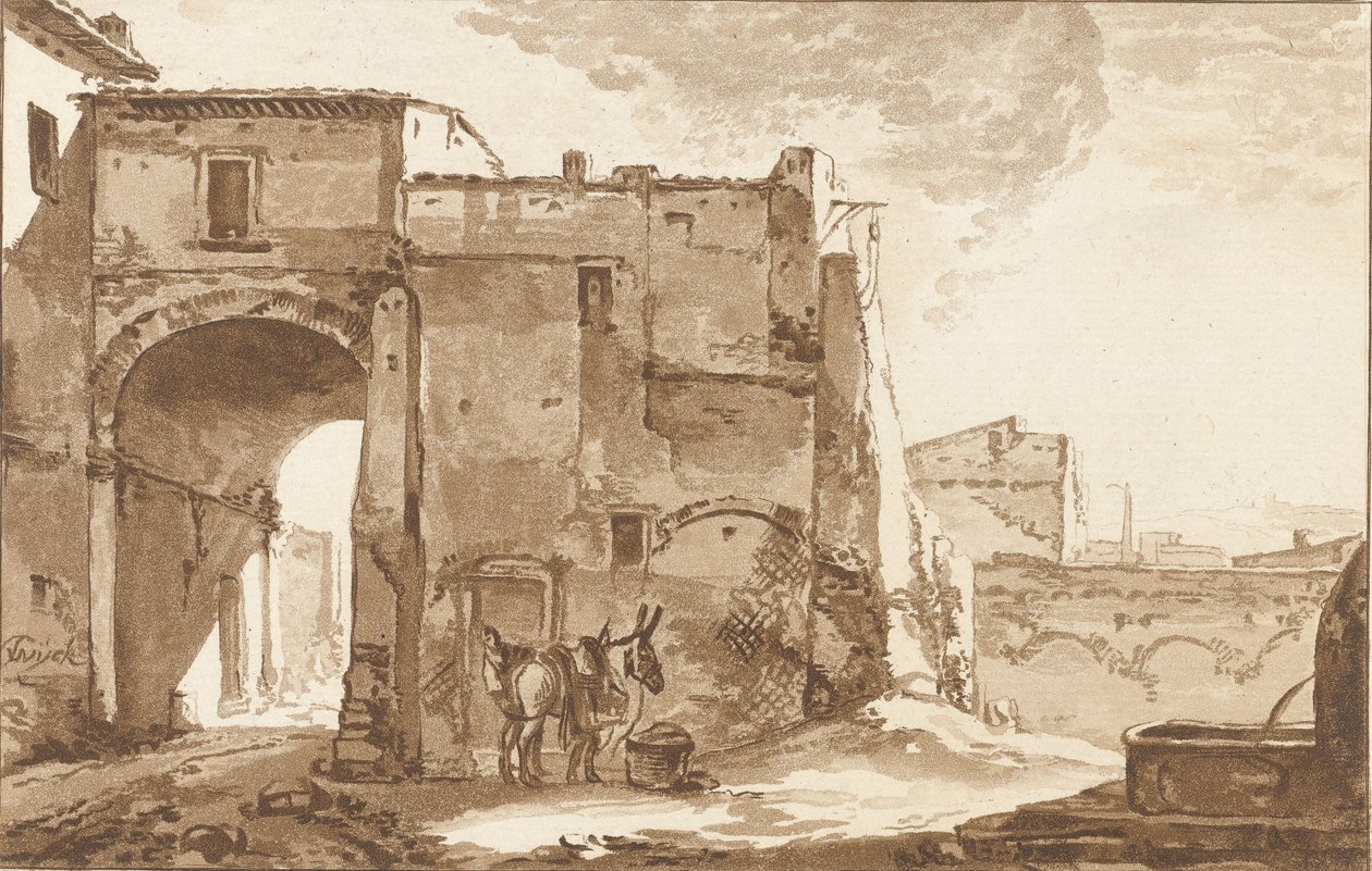 Brama z podróżnikiem i mułem autorstwa Cornelis Ploos van Amstel (signed by artist)