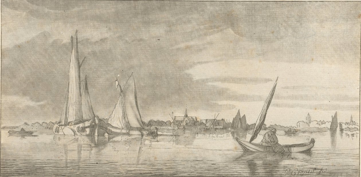 widok na rzekę autorstwa Cornelis Ploos van Amstel (signed by artist)