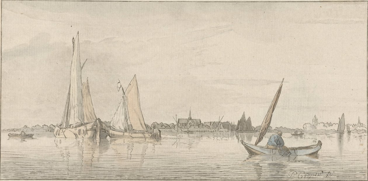 widok na rzekę autorstwa Cornelis Ploos van Amstel (signed by artist)