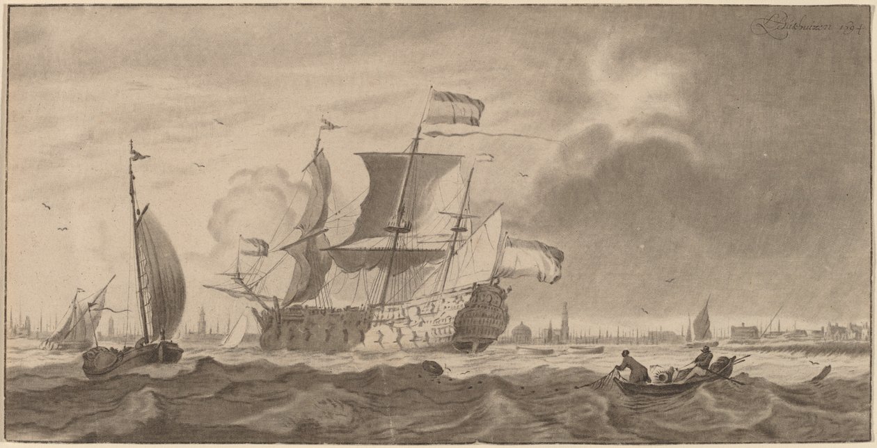 Statek wojenny w Y, 1768 autorstwa Cornelis Ploos van Amstel