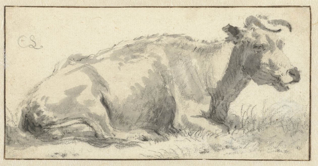 Leżąca krowa, w prawo autorstwa Cornelis Saftleven