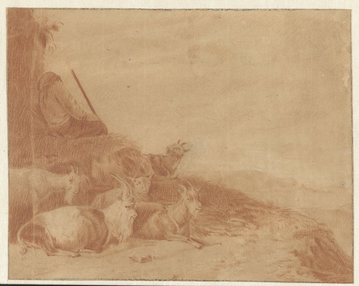 Śpiący pasterz z kozami autorstwa Cornelis Saftleven