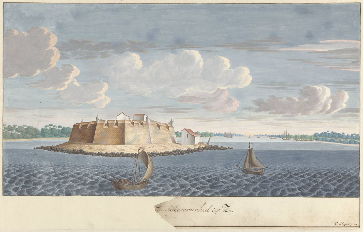 Fort Hammenhiel (Hummenil) na Cejlonie, widziany z morza Fortece Hammenhiel znad morza (tytuł na obiekcie) autorstwa Cornelis Steiger