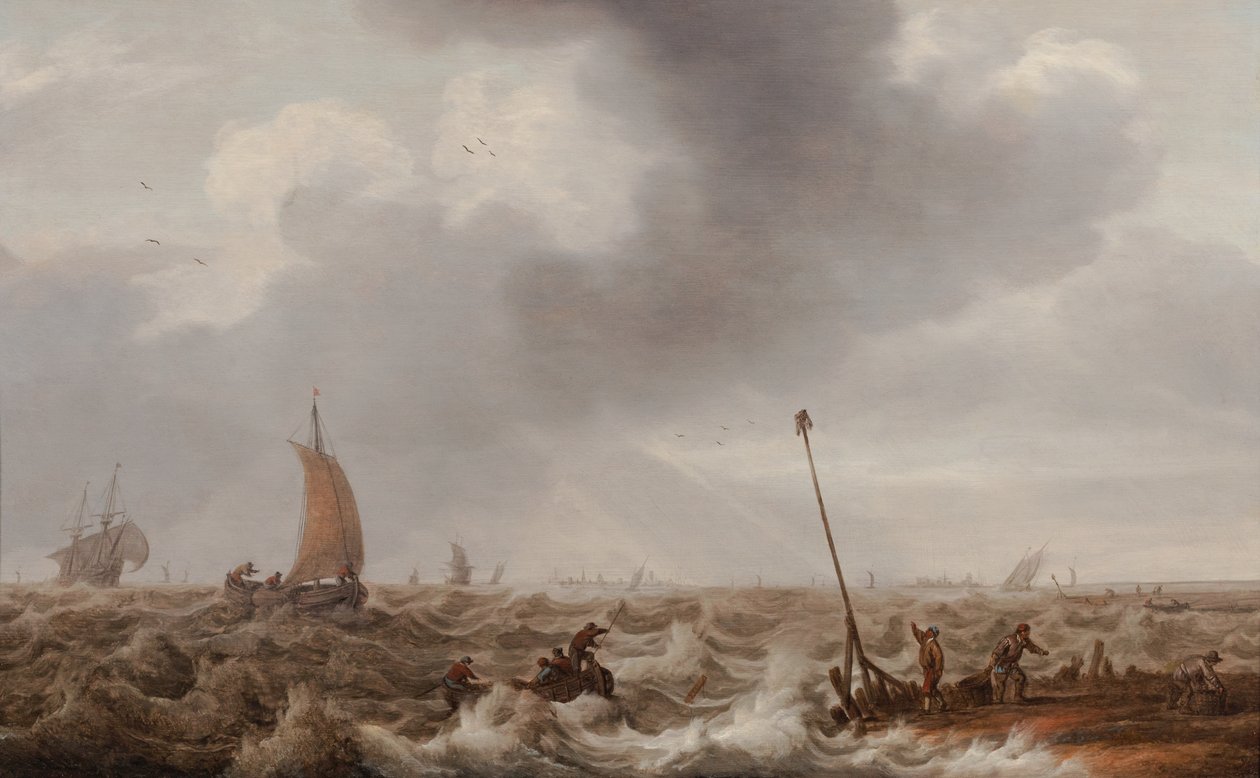 Wysyłka w wzburzone morza wzdłuż wybrzeża z molo, latarnią i miastem w oddali, ok. 1600-55 (olej na panelu) autorstwa Cornelis Stooter