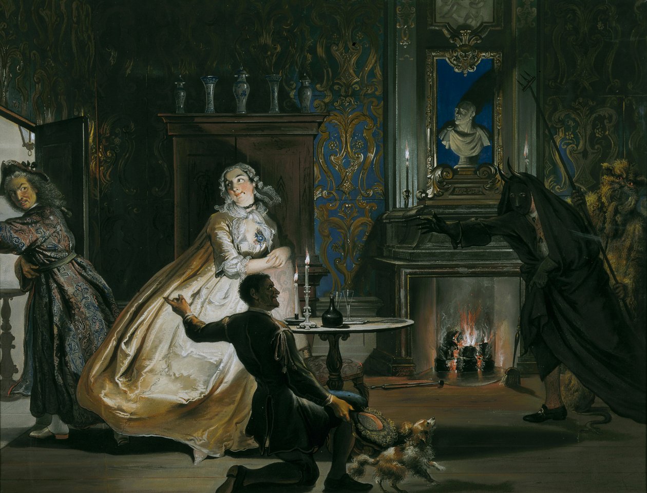 Kapitan Ulrich lub chciwość udaremniona: przebrani, Godefroy i jego sługa zmusili kapitana Ulricha do ucieczki, 1738 autorstwa Cornelis Troost