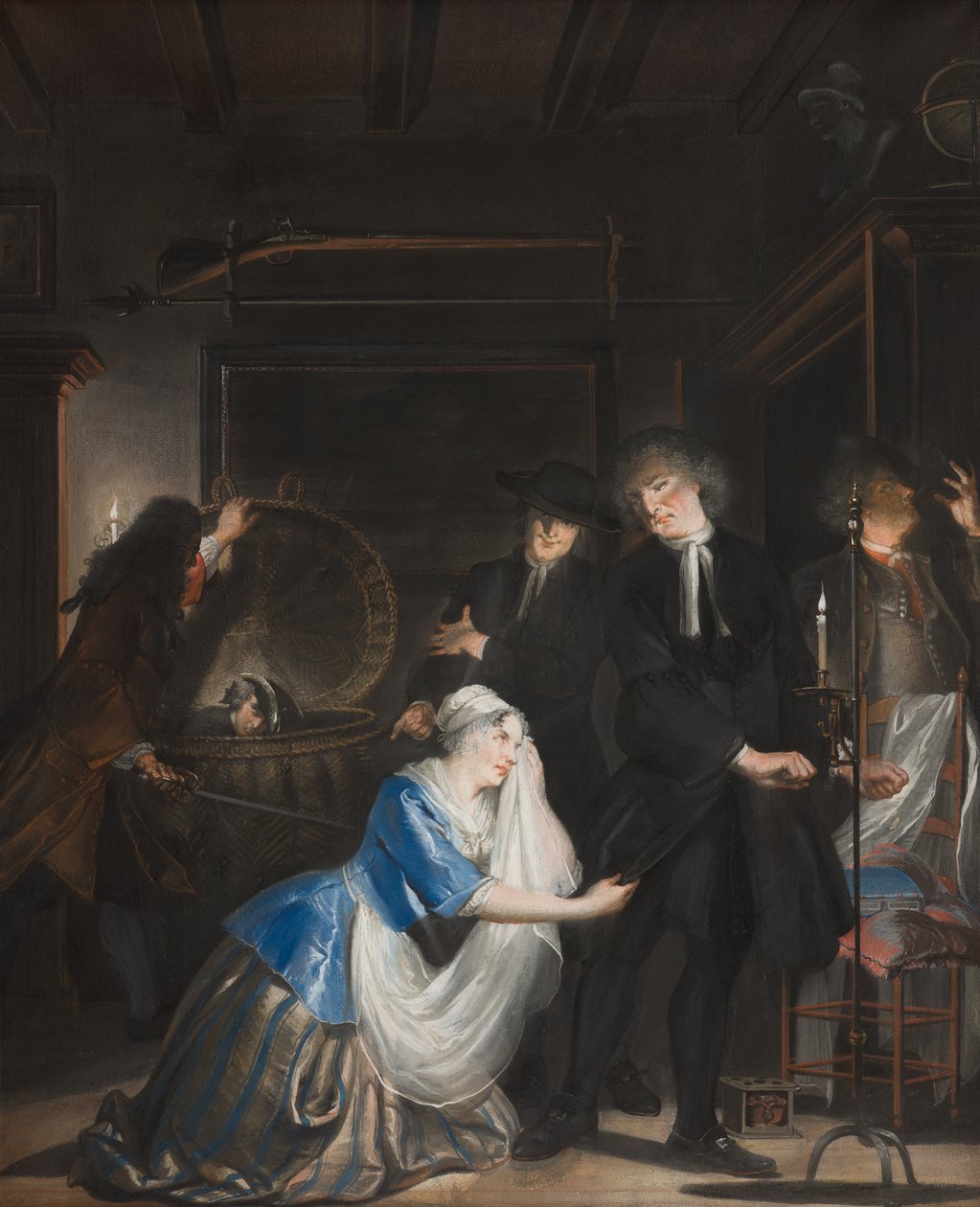 Odkryto fałszywą cnotę: odkrycie Volkerta w koszu na pranie, 1739 autorstwa Cornelis Troost