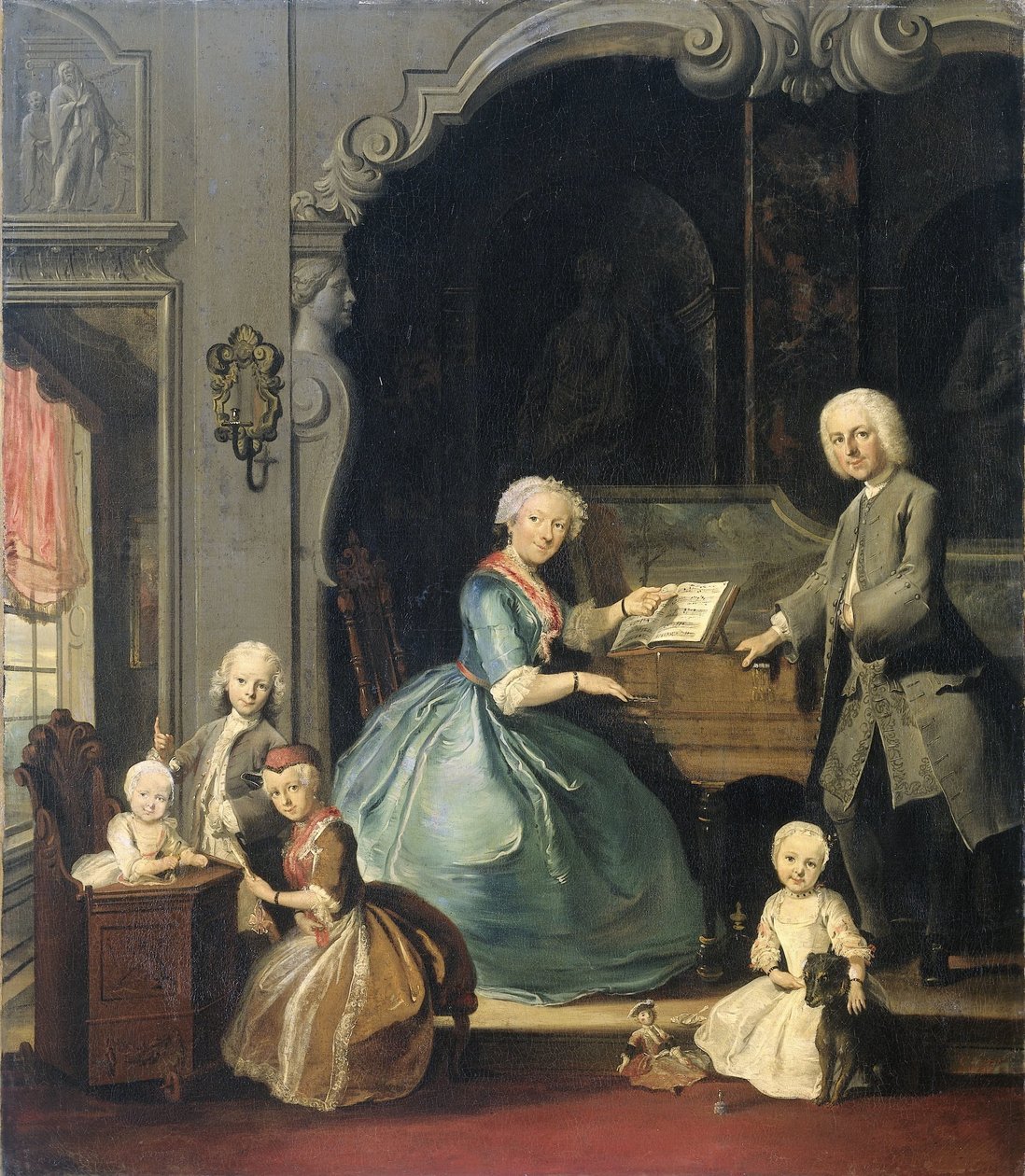 Grupa rodzinna w pobliżu klawesynu Grupa rodzinna przy klawesynie autorstwa Cornelis Troost