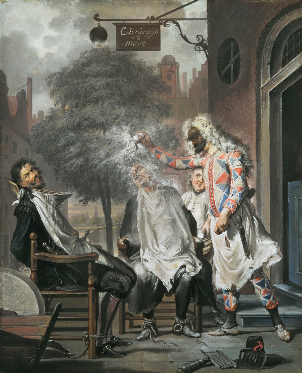 Arlekin, mag i fryzjer: zdemaskowani rywale, 1738 autorstwa Cornelis Troost