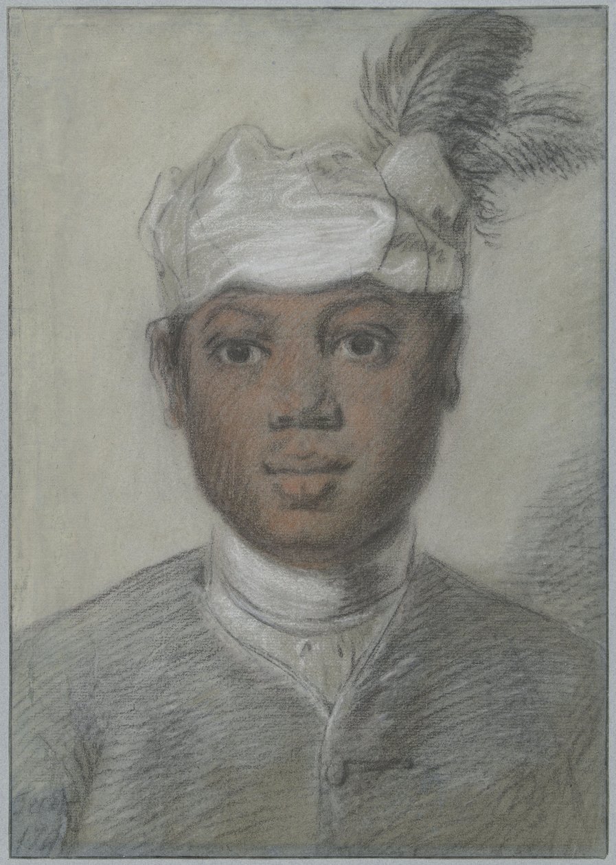 Głowa czarnoskórego młodego mężczyzny w turbanie z piórami autorstwa Cornelis Troost