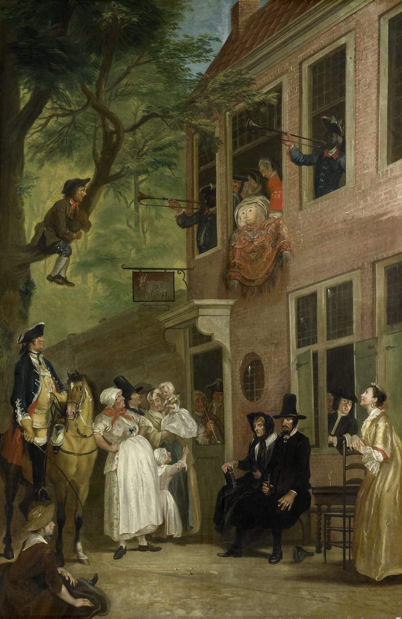 Wprowadzony w błąd: ambasador łobuzów wystawia się z okna tawerny t Bokki w Haarlemmerhout, ok. 1739 autorstwa Cornelis Troost