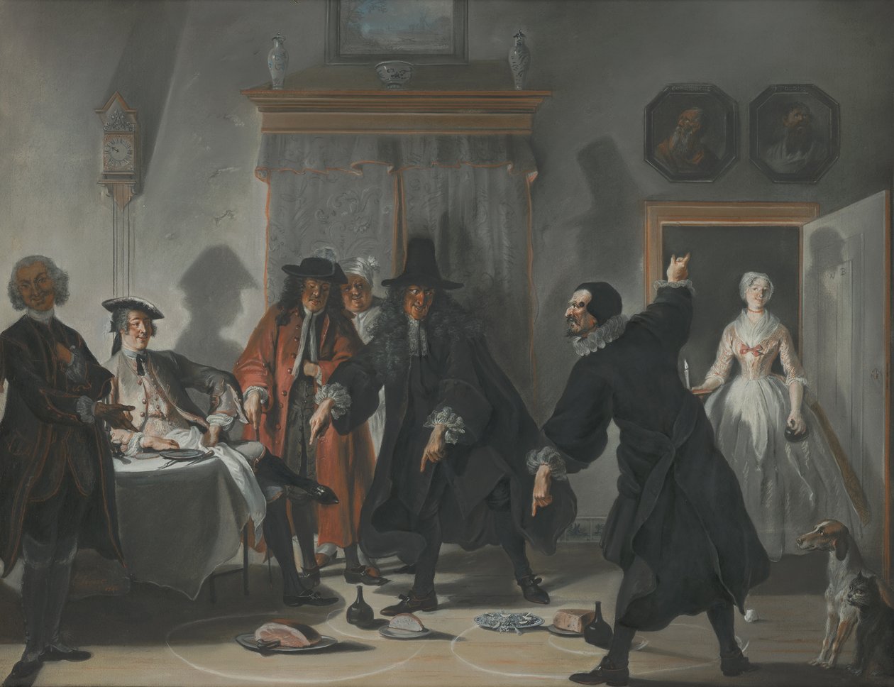 Matematycy lub młoda dama, która uciekła: spór między doktorami Raasbolliusem i Urinaalem, 1741 autorstwa Cornelis Troost