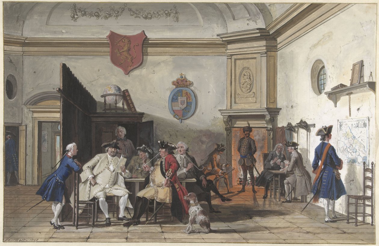 Wartownia z oficerami do czytania, palenia i gry w karty autorstwa Cornelis Troost