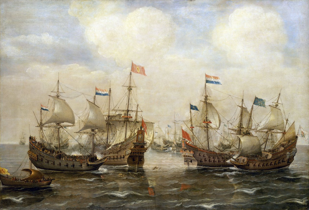Starcie między Hiszpanami i Holendrami, około 1630 r., każda łódź ma swoją flagę, a po lewej stronie łódź niesie flagę holenderskich Stanów Generalnych. autorstwa Cornelis Verbeeck