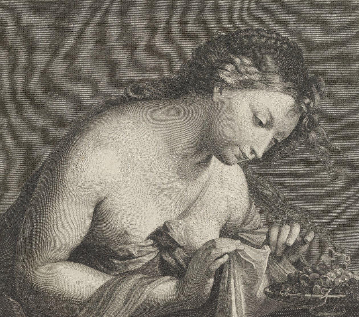 Erigone pochylając się nad półmiskiem z winogronami i podnosząc obiema rękami kawałek materiału,…, ca. 1700. autorstwa Cornelis Vermeulen