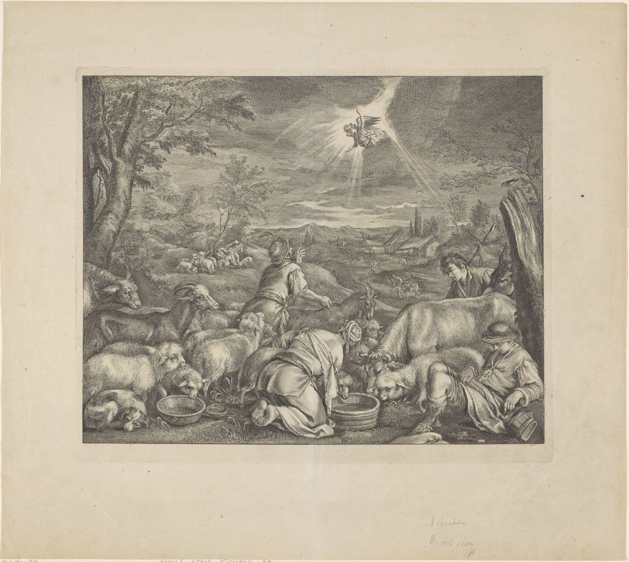 Abraham wyjeżdża do Sychem / Zwiastowanie pasterzom Biblia Królewska (tytuł serii) autorstwa Cornelis Visscher (II)