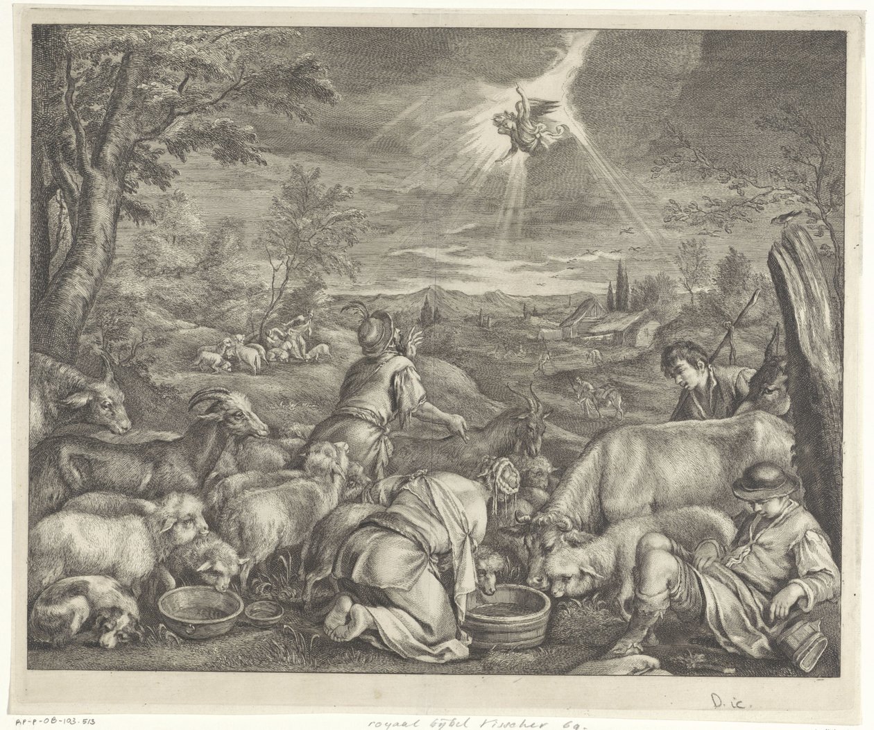 Abraham wyjeżdża do Sychem / Zwiastowanie pasterzom autorstwa Cornelis Visscher (II)
