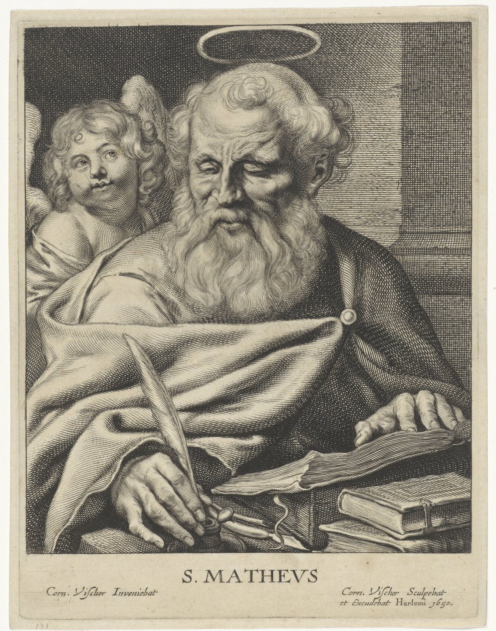 Ewangelista Mattheüs S. MATHEVS (tytuł na obiekcie) Vier evangelisten (tytuł serii) autorstwa Cornelis Visscher (II)