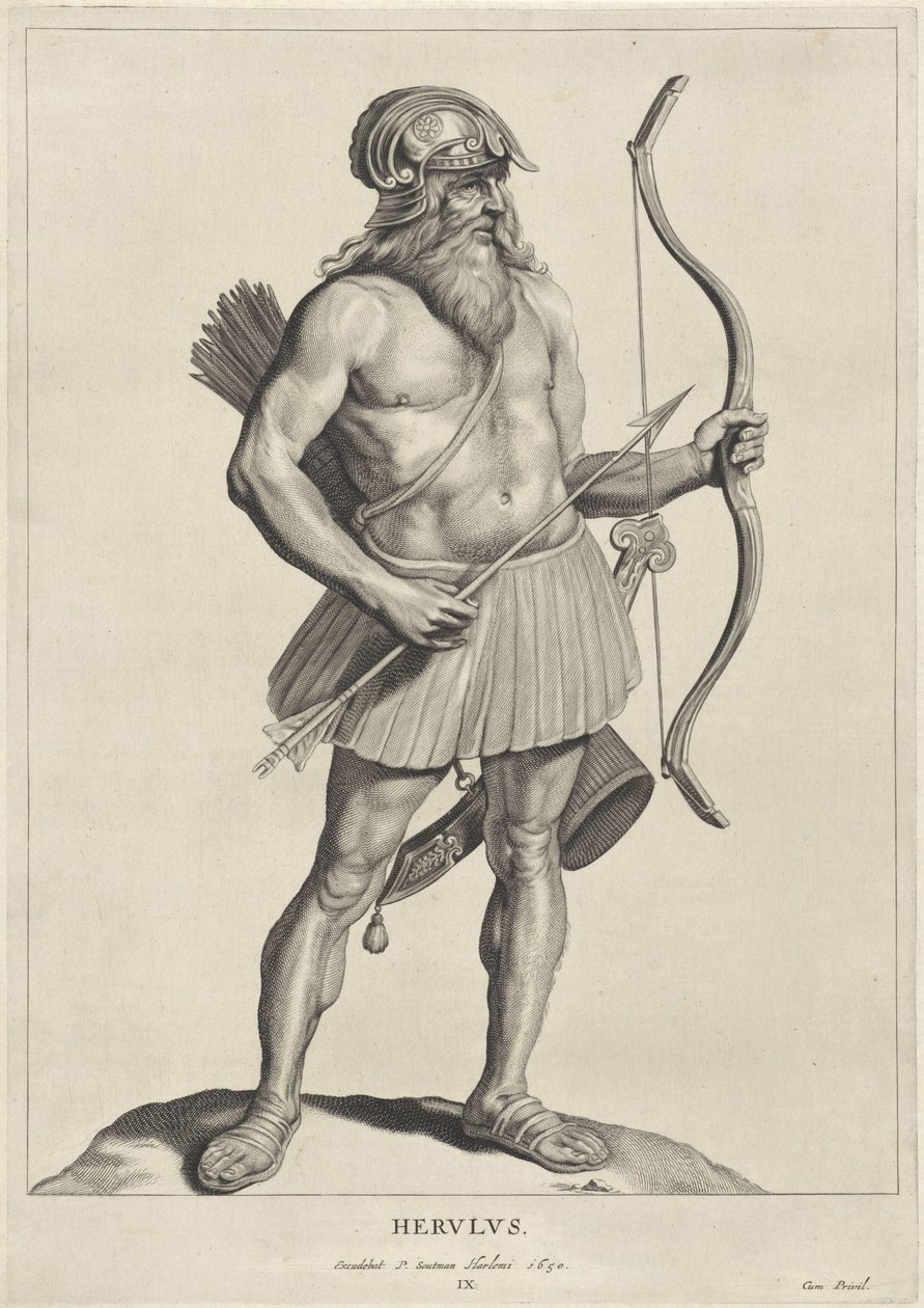Herulana Herulus (tytuł na obiekcie) Oude hier woonachtige volken (tytuł serii) Peplus czyli Goci, Wandale, Szwabowie, Herulowie, Gepidzi, Markomani i starożytny Czteroosobowy Zdjęcia ze starożytnych zabytków i muzeum Marka Zueriusa Boxhorniusa (seria autorstwa Cornelis Visscher (II)