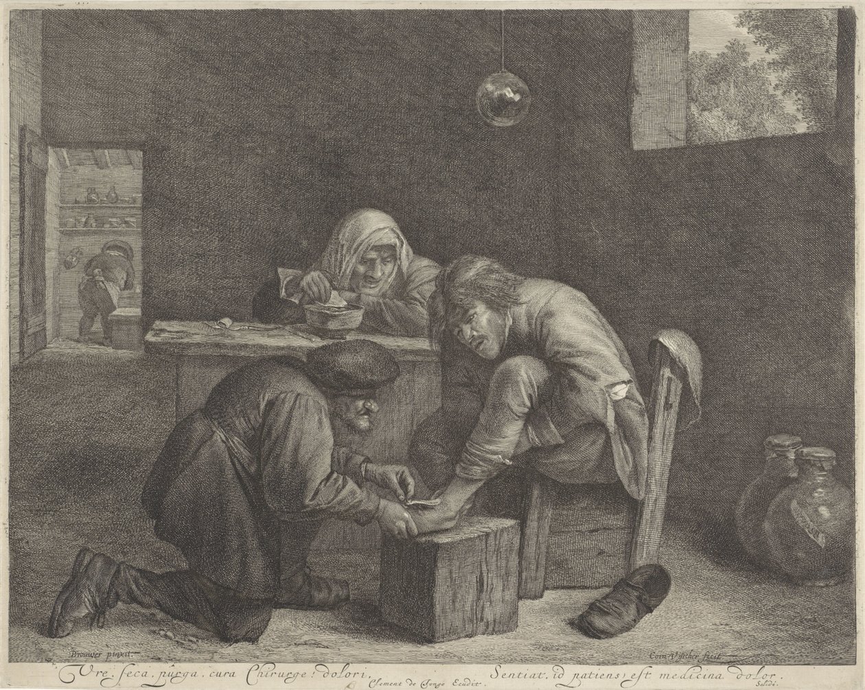 Mężczyzna u lekarza Pokój, seca, purga, cura Chirurg! dolori (tytuł na obiekcie) autorstwa Cornelis Visscher (II)
