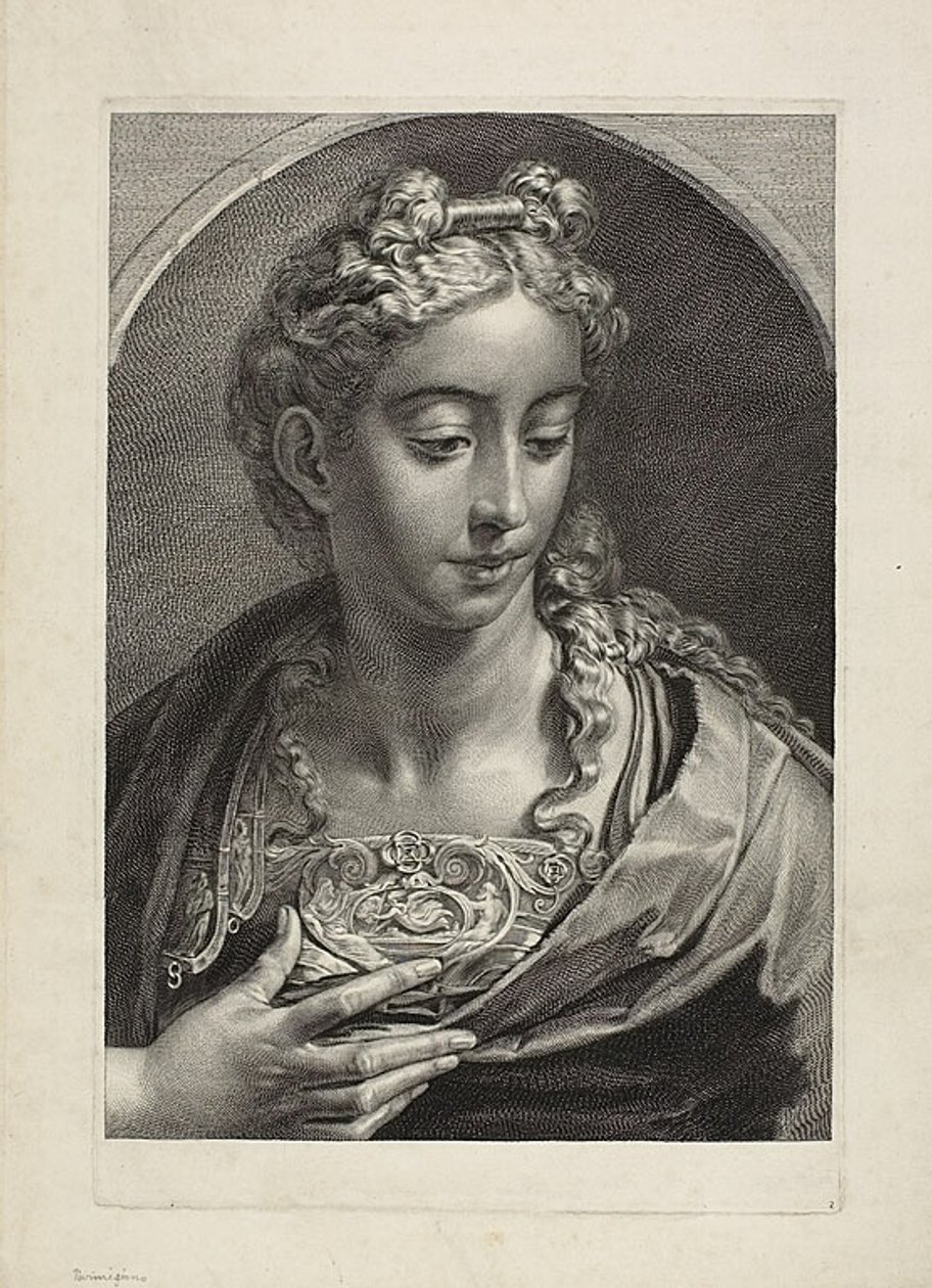 Atena, z Cabinet Reynst; Variarum imaginum a celeberrimis artificibus pictarum Caelaturae (Cabinet Reynst: Engravings of various images painted by famous artists) autorstwa Cornelis Visscher