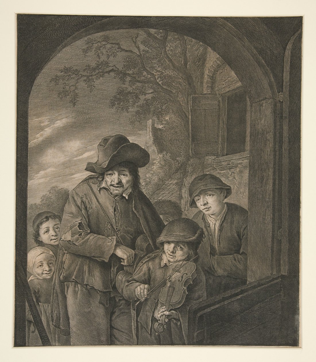 Bez tytułu (Muzycy przy drzwiach gospody) autorstwa Cornelis Visscher
