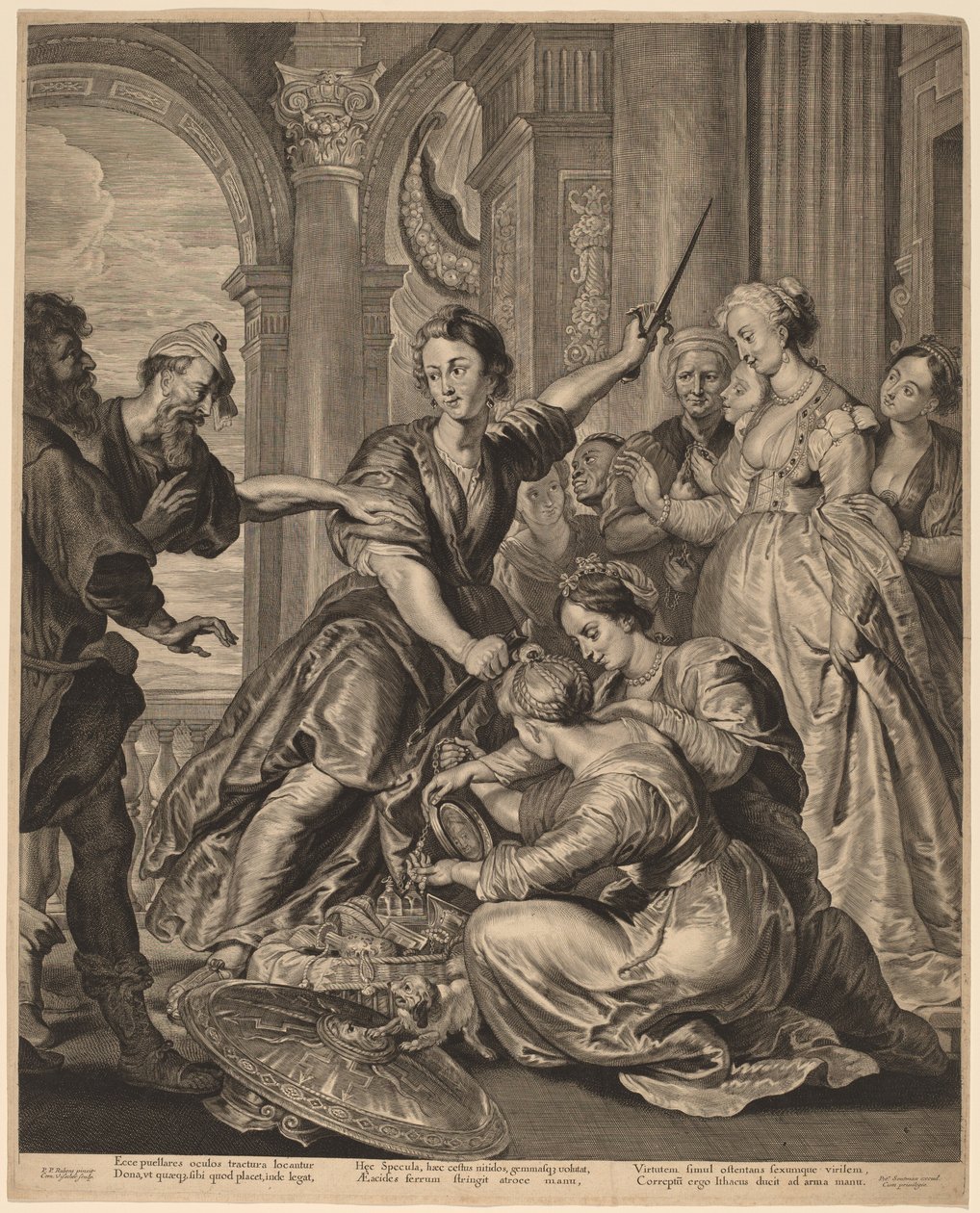 Achilles na dworze Lycomedes autorstwa Cornelis Visscher after Sir Peter Paul Rubens, published by Pieter Claesz Soutman