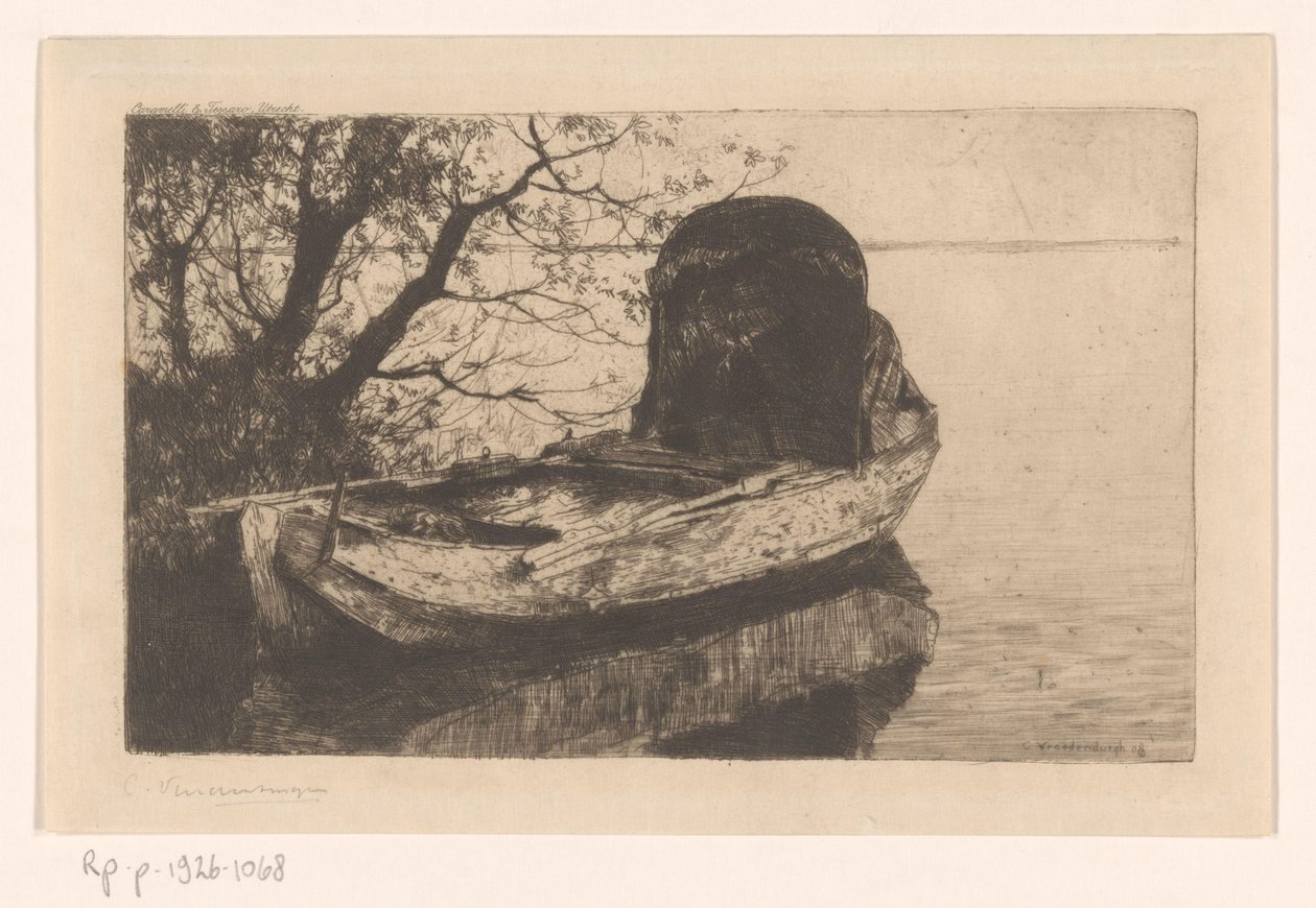 Zacumowana łódź wiosłowa z baldachimem autorstwa Cornelis Vreedenburgh (signed by artist)