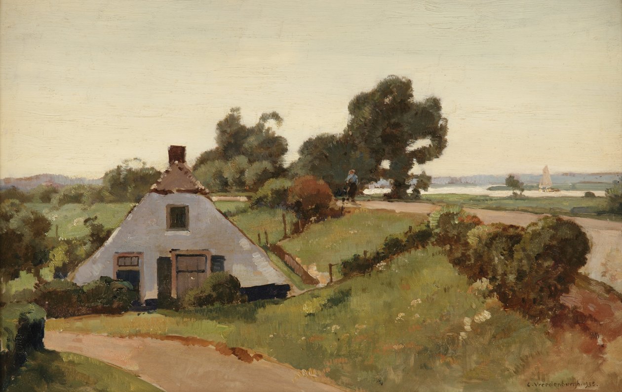 na grobli; dom wiejski nad rzeką IJssel, 1935 autorstwa Cornelis Vreedenburgh