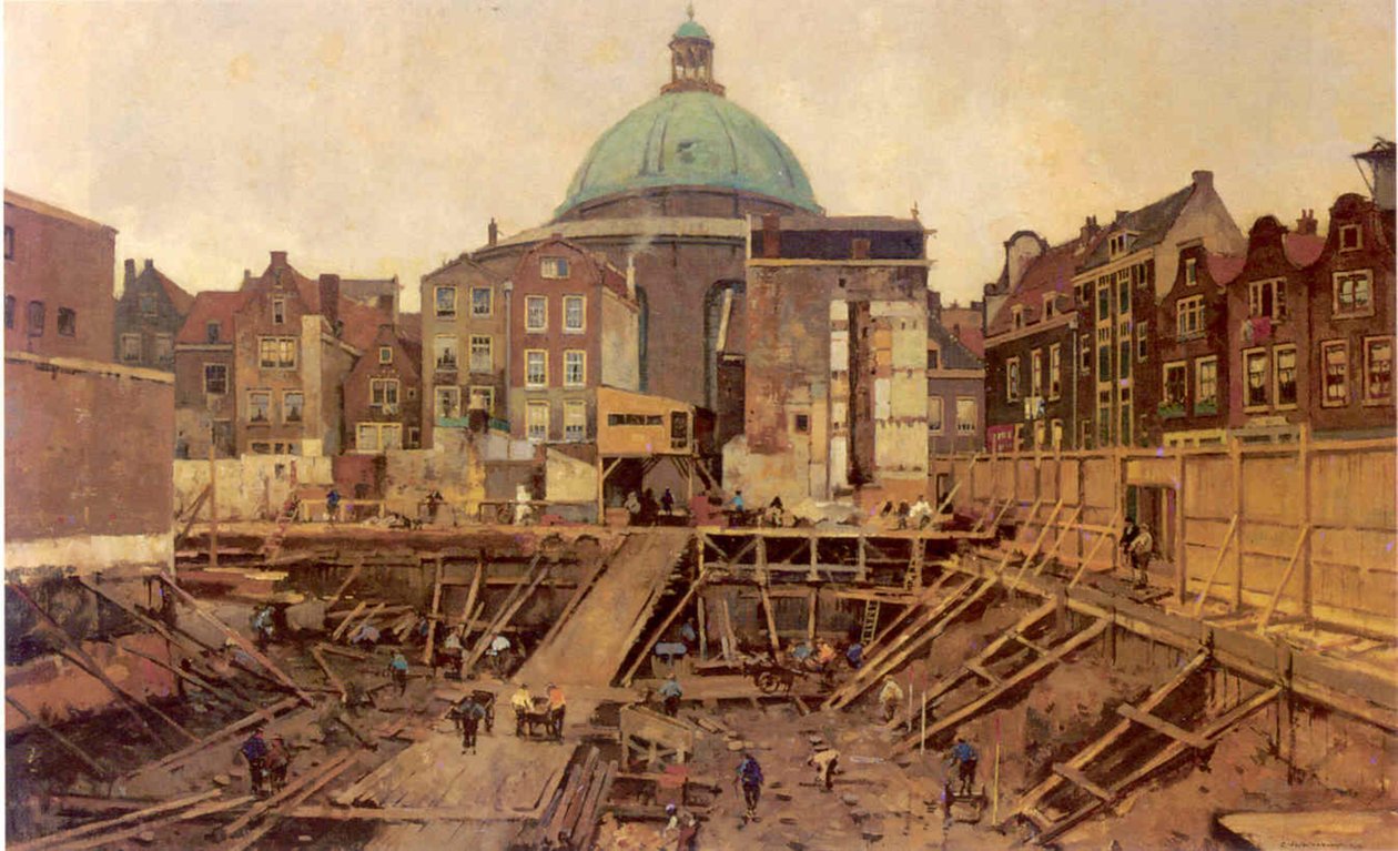 Plac budowy przy Hekelveld z Okrągłym Kościołem Luterańskim autorstwa Cornelis Vreedenburgh
