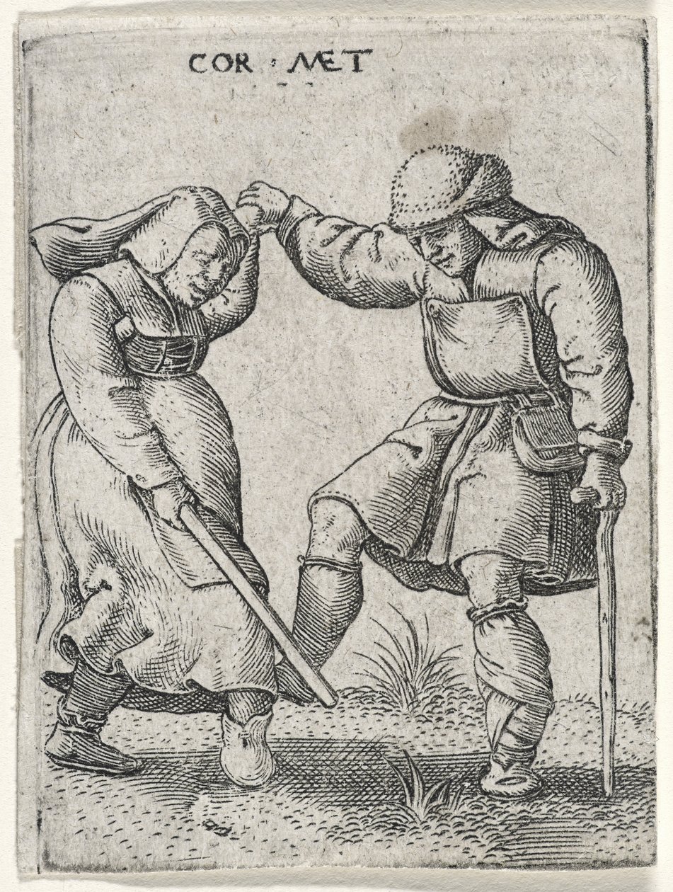 Mężczyzna z zabandażowaną stopą tańczący z kobietą, 1572 (rycina na papierze wykładanym) autorstwa Cornelis after Massys