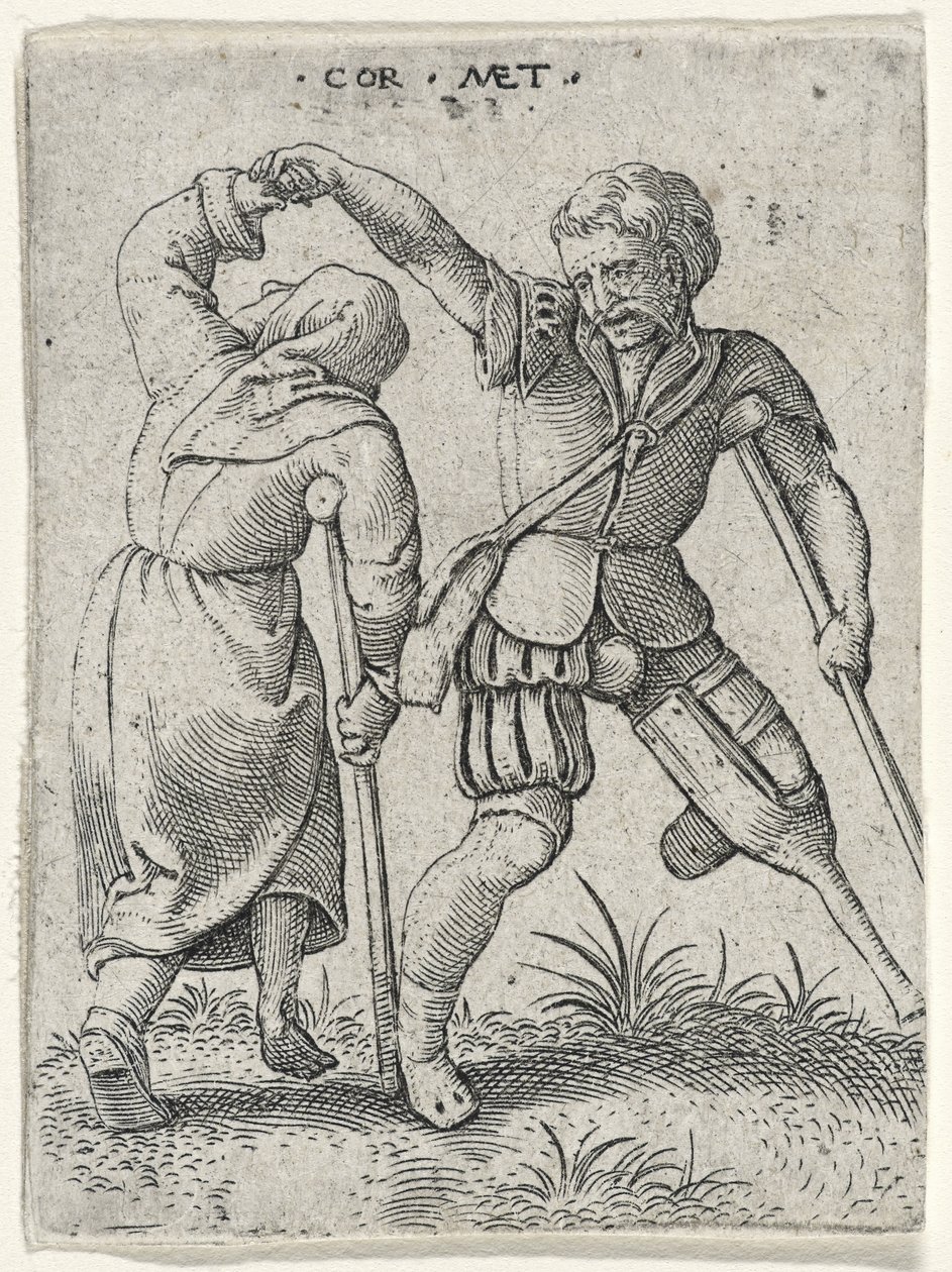 Mężczyzna z drewnianą nogą obracający kulawą kobietę pod pachą, 1572 (rycina na papierze wykładanym) autorstwa Cornelis after Massys