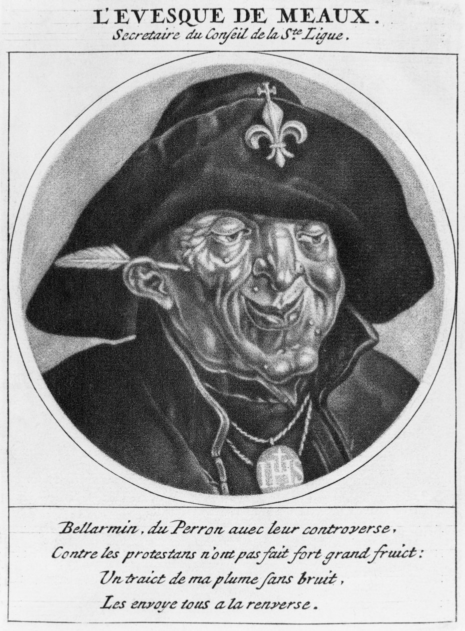 Protestancka karykatura Bossueta, biskupa Meaux, ilustracja z Les Heros de La Ligue lub La Procession monacale, prowadzonej przez Ludwika XIV, w celu nawrócenia protestantów z jego królestwa, Paryża, autorstwa Cornelis and Gole, Jacob Dusart