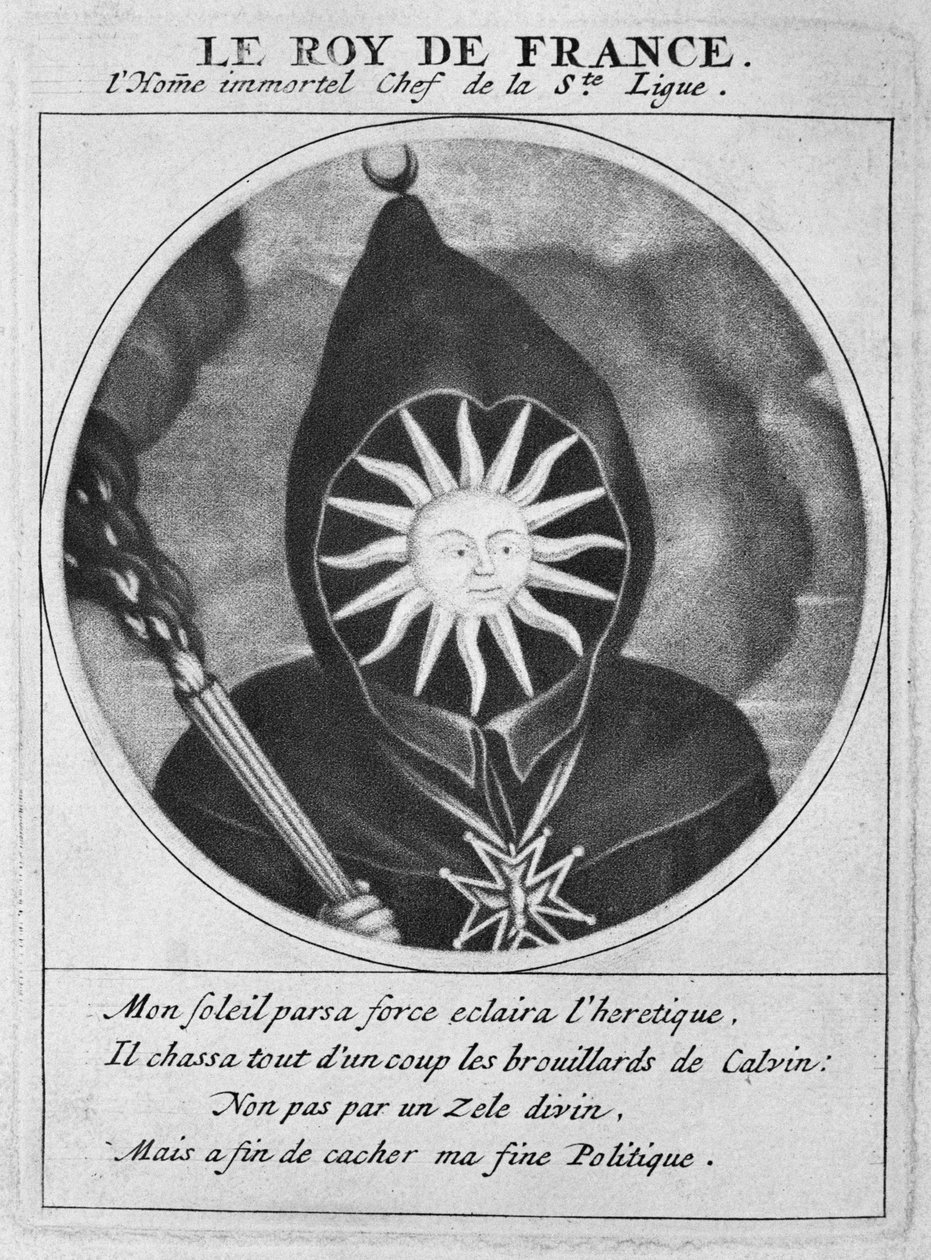 Protestancka karykatura króla Ludwika XIV (1638-1715), ilustracja z Les Heros de La Ligue lub La Procession monacale, prowadzonej przez Ludwika XIV, dla nawrócenia protestantów z jego królestwa, Paryż autorstwa Cornelis and Gole, Jacob Dusart