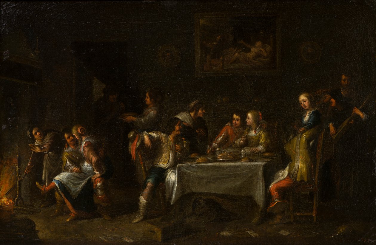 Panie i Panowie ucztujący przy stole, ok. 1612-67 (olej, płótno i papier) autorstwa Cornelis de (attr. to) Wael