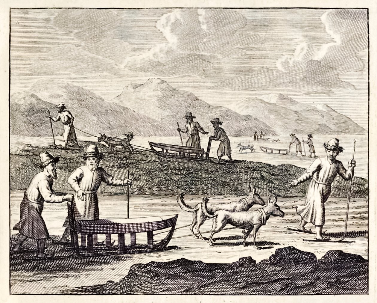 Rosjanie podróżujący z psimi zaprzęgami na Syberię”, z „Voyages de Corneille le Brun”. 1718 autorstwa Cornelis de Bruyn