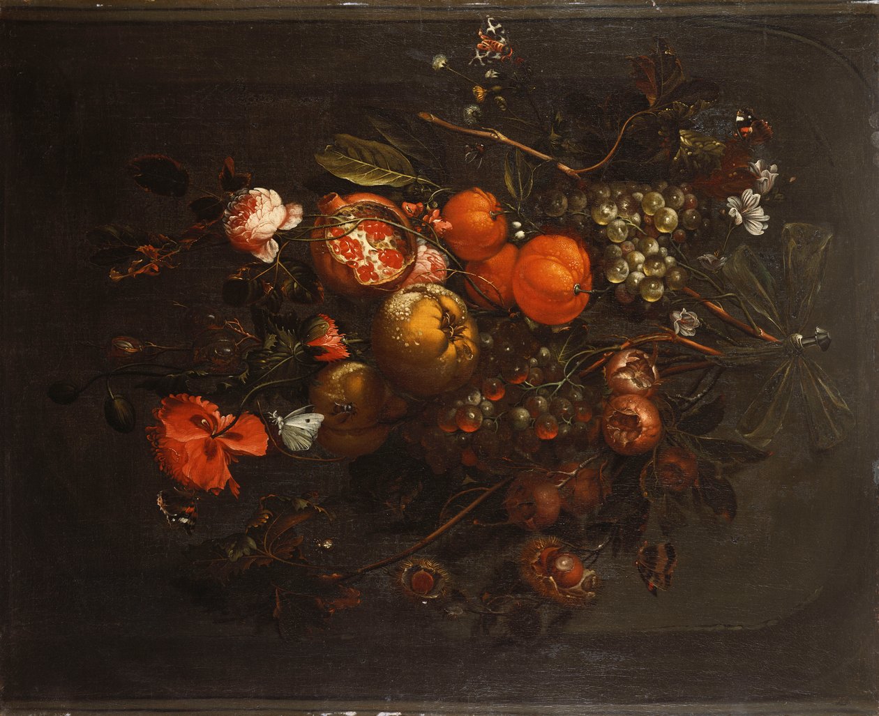 Bukiet owoców i kwiatów zwisający z gwoździa w niszy autorstwa Cornelis de Heem